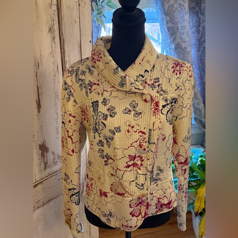 Sigrid Olsen VTG Ivory Quilted Floral Print Silk Snap Front Jacket Sz 8.